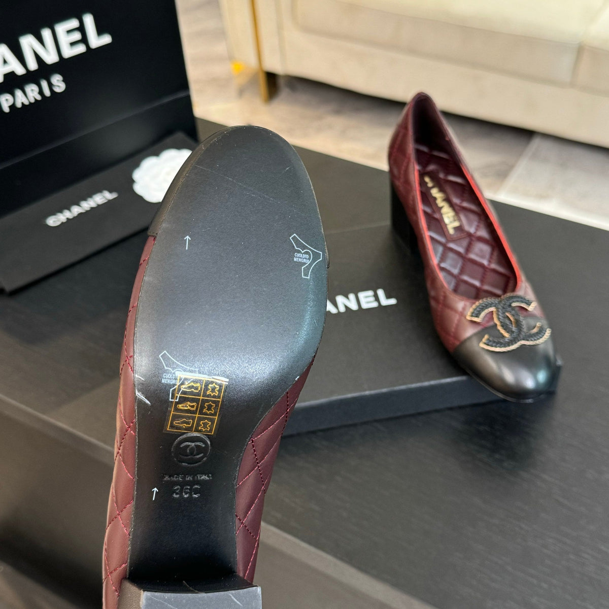 ballet flat with high heel 7cm burgundy black quilted lambskin