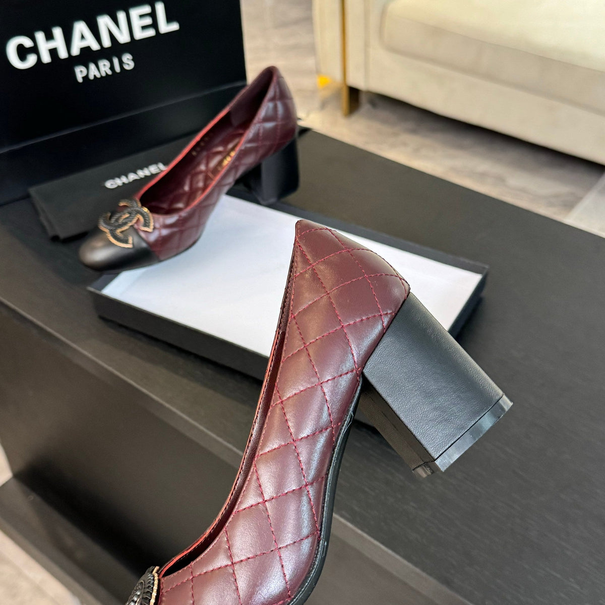 ballet flat with high heel 7cm burgundy black quilted lambskin