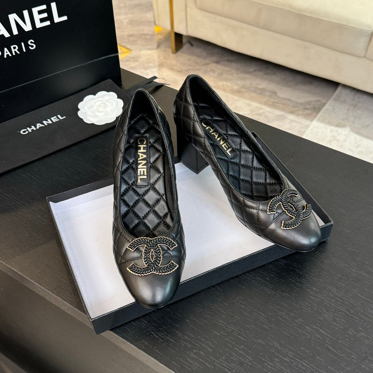 ballet flat with high heel 7cm black quilted lambskin