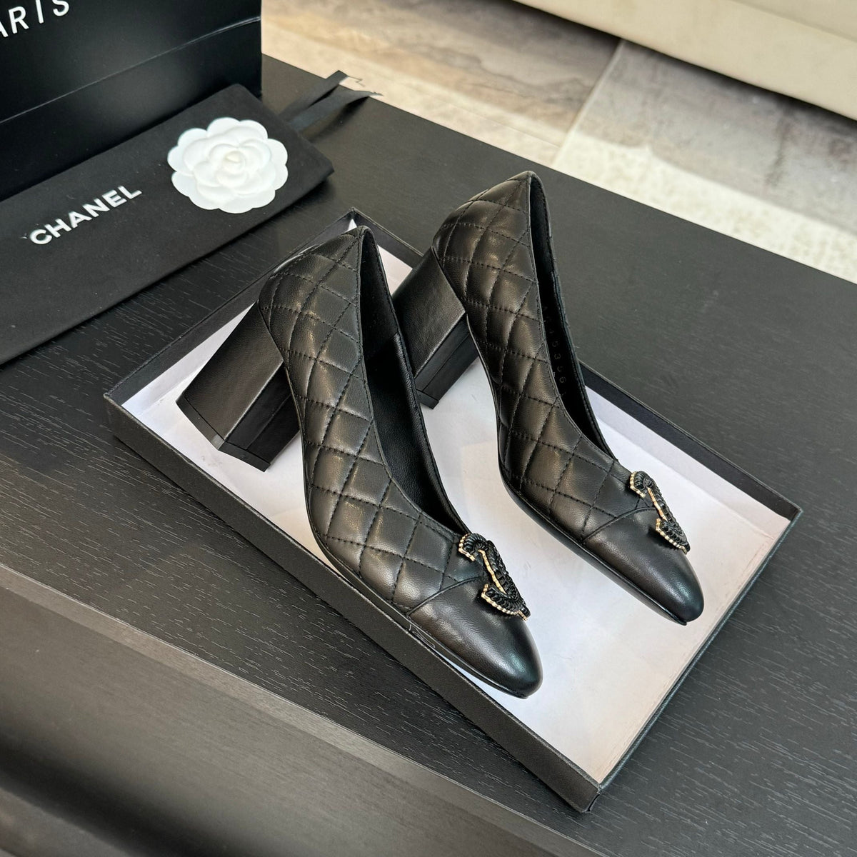 ballet flat with high heel 7cm black quilted lambskin