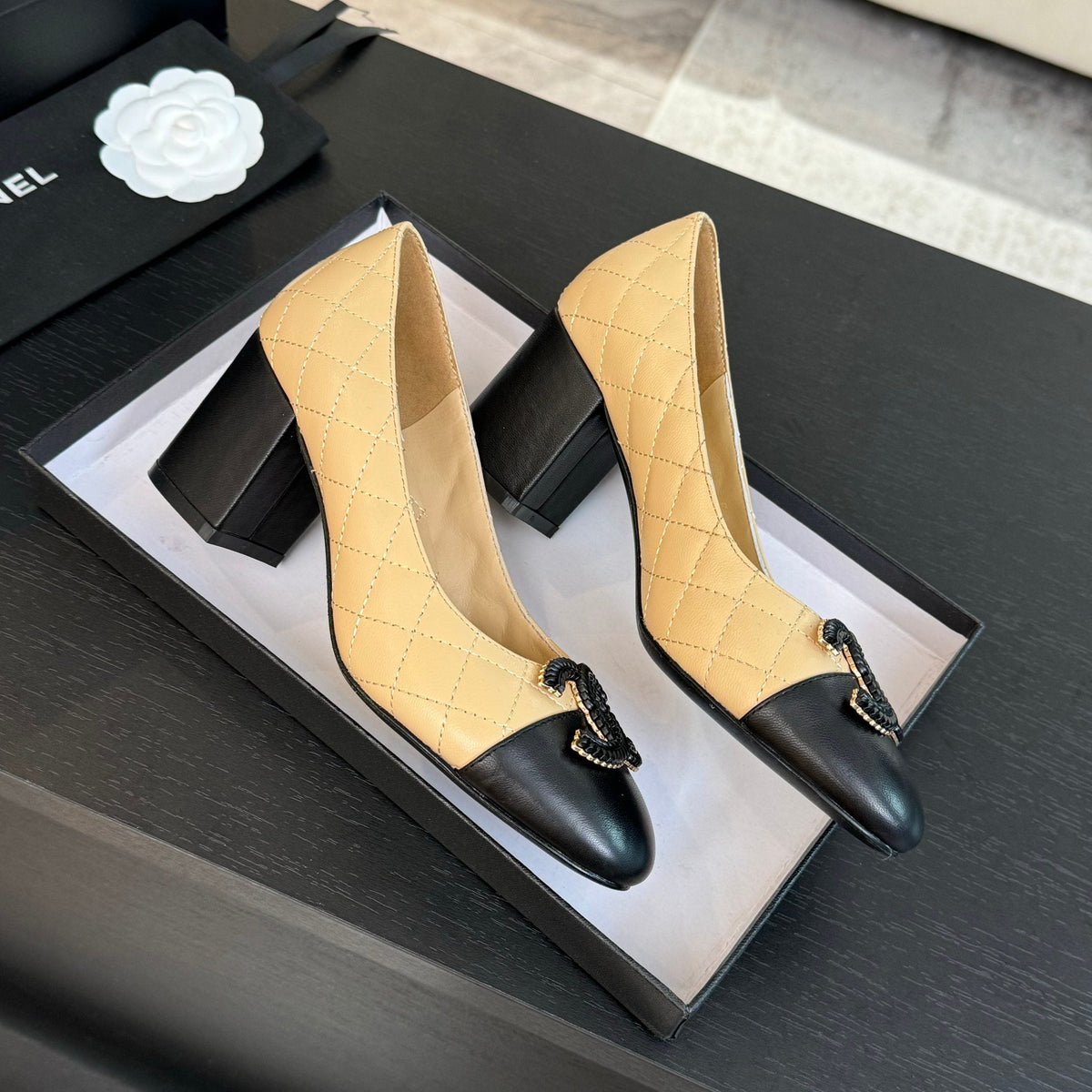 ballet flat with high heel 7cm beige black quilted lambskin