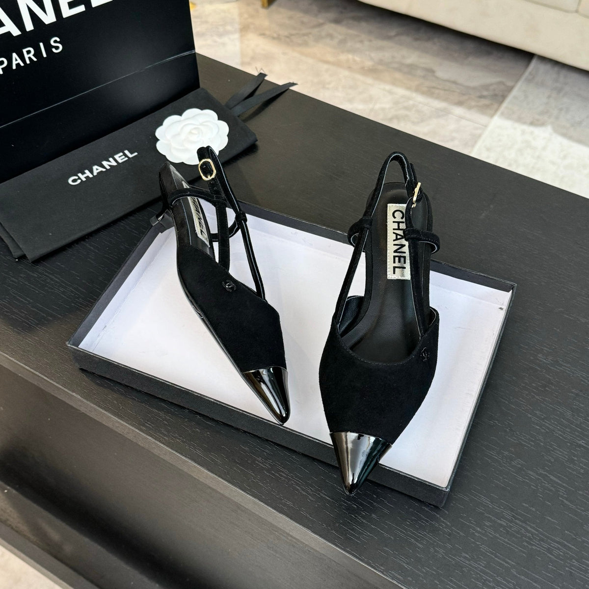 slingbacks 35 pointed patent toe black suede
