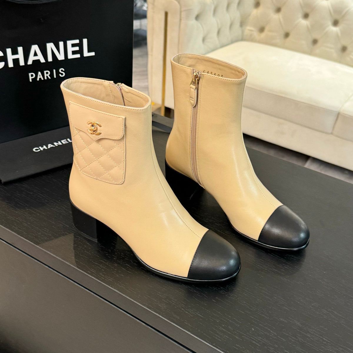 CC Ankle Boots 50mm Beige Black Lambskin
