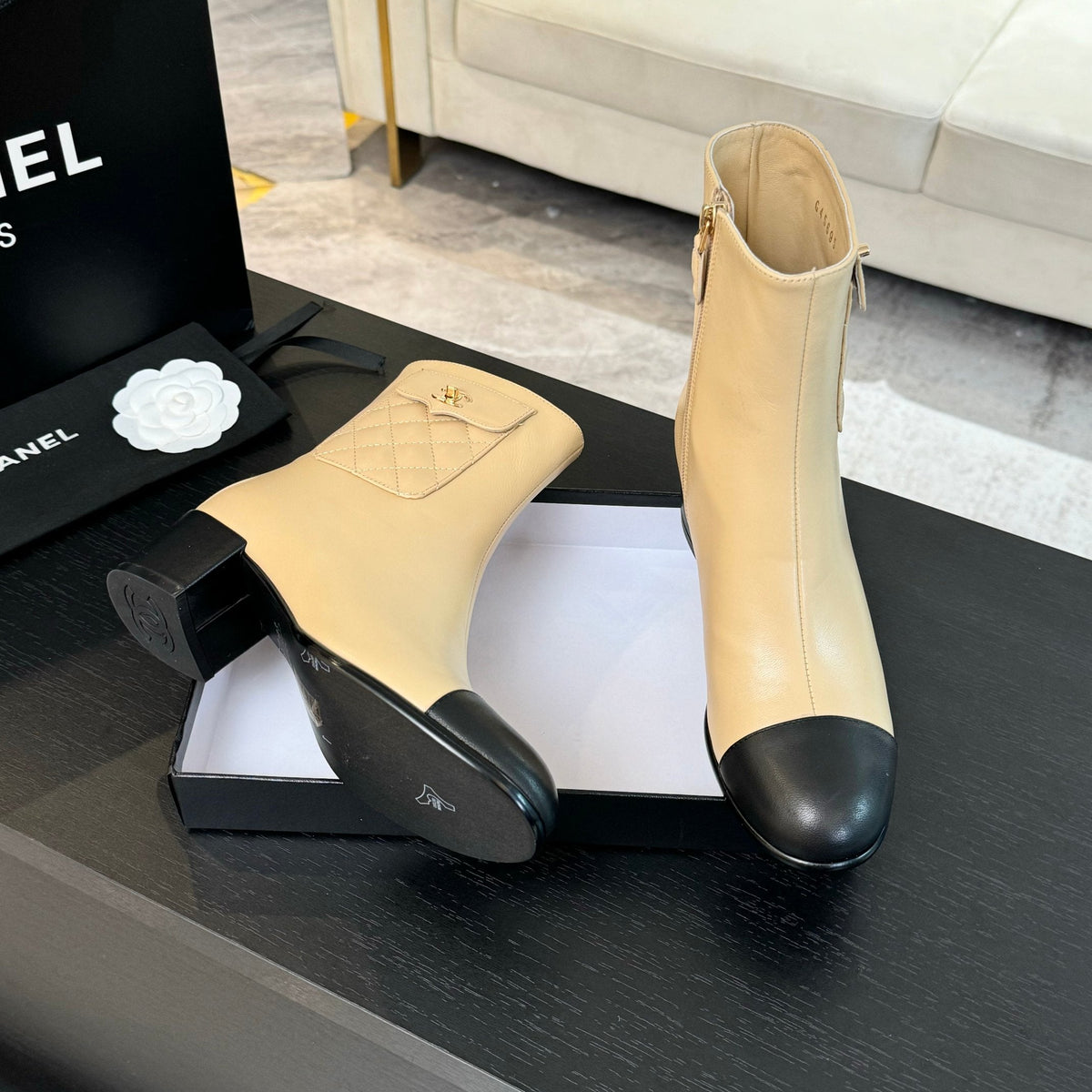 CC Ankle Boots 50mm Beige Black Lambskin