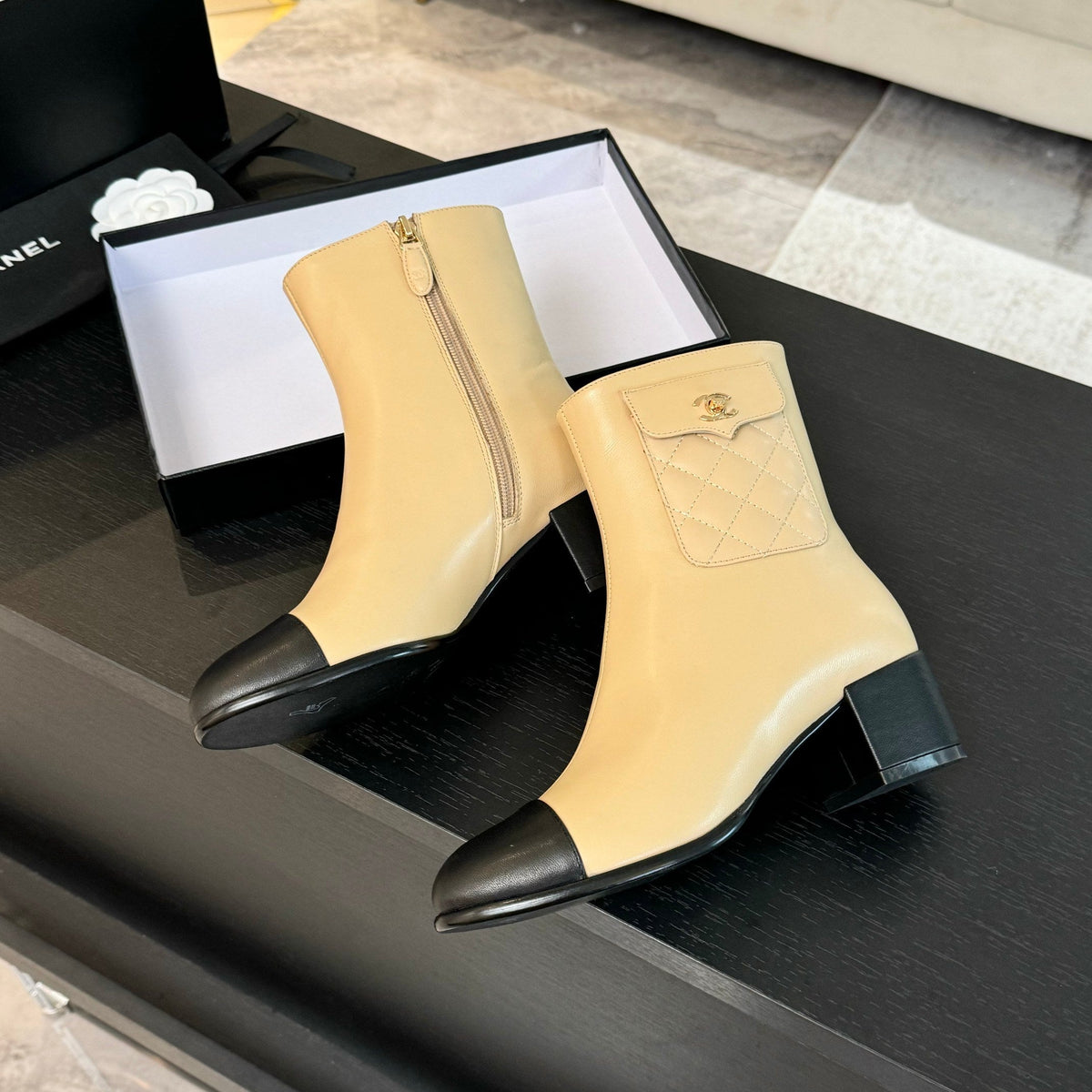 CC Ankle Boots 50mm Beige Black Lambskin