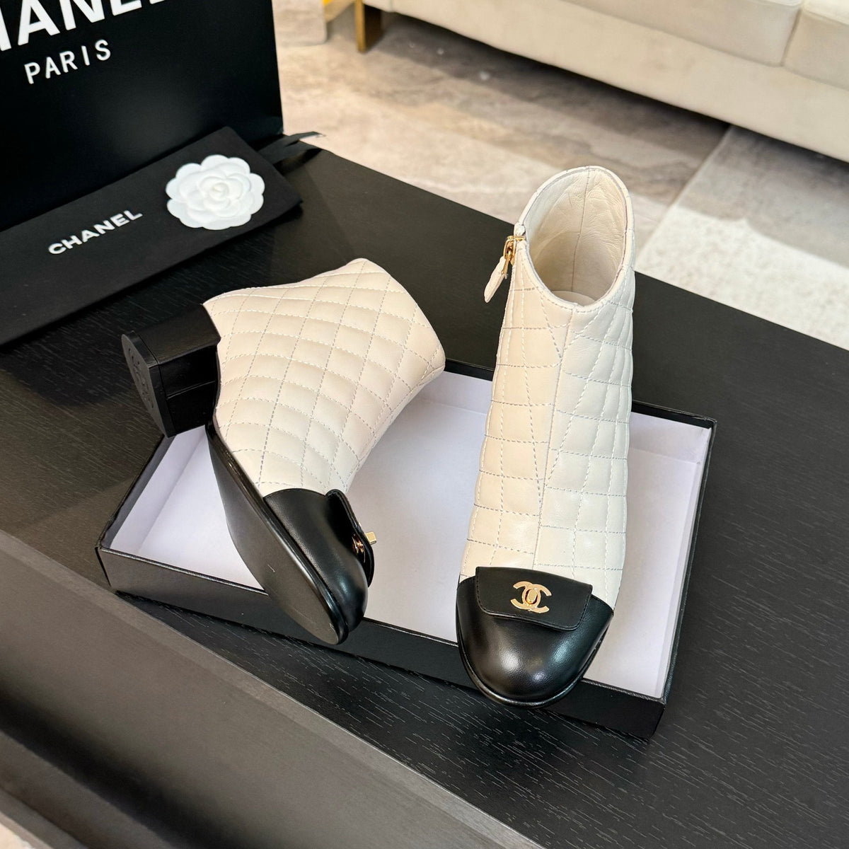 CC Ankle Boots 50mm White Black Quilted Lambskin