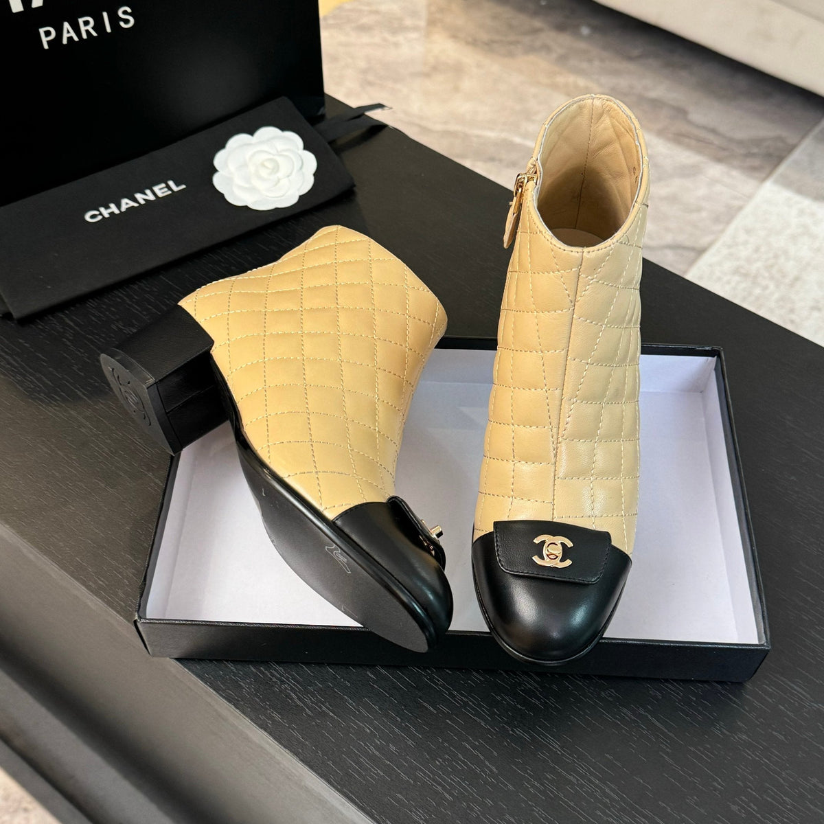 CC Ankle Boots 50mm Beige Black Quilted Lambskin