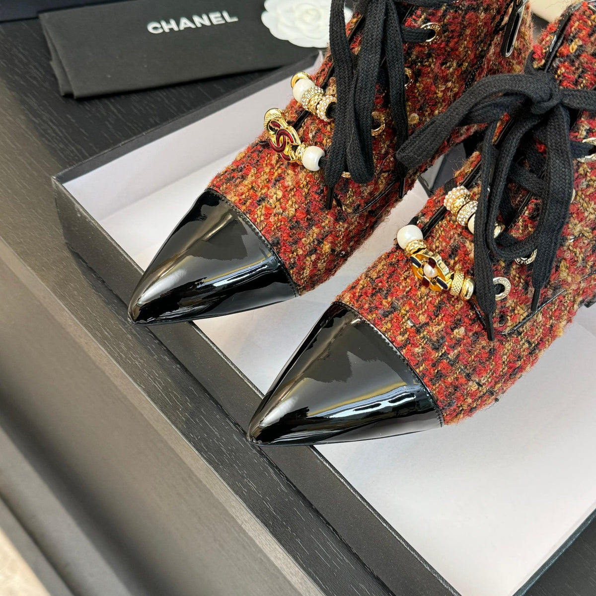 CC Ankle Boots Orange Red Beaded Tweed Fabric And Lambskin
