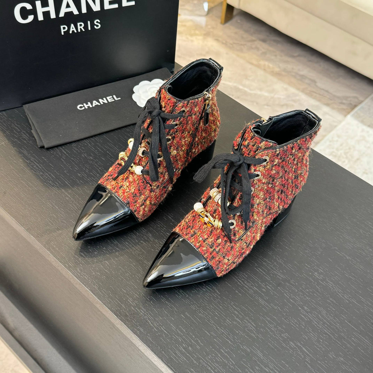 CC Ankle Boots Orange Red Beaded Tweed Fabric And Lambskin