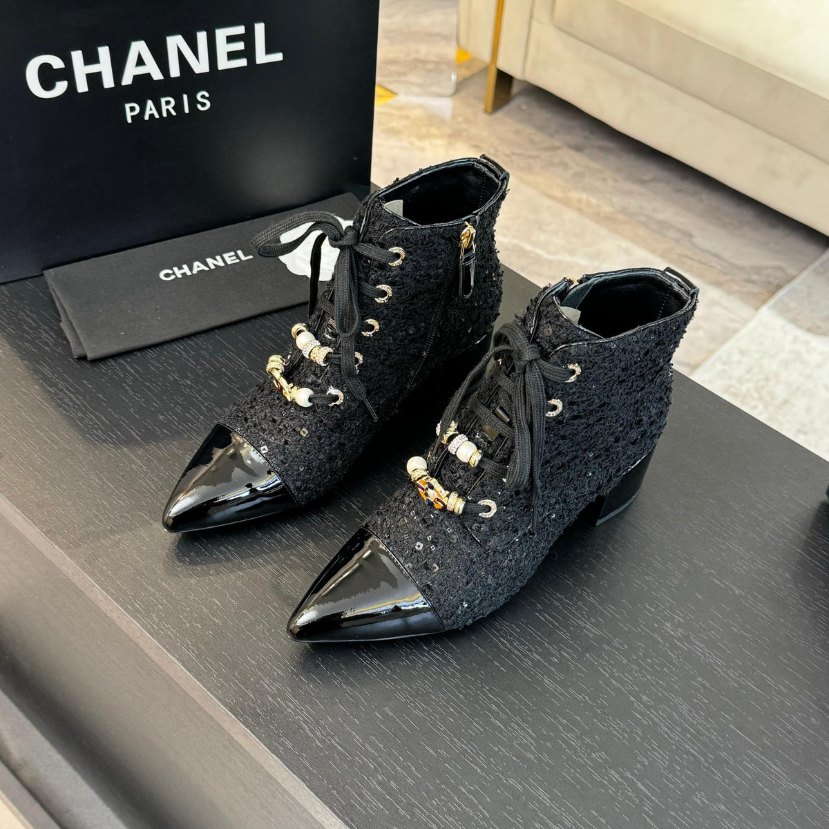 CC Ankle Boots Black Beaded Tweed Fabric And Lambskin