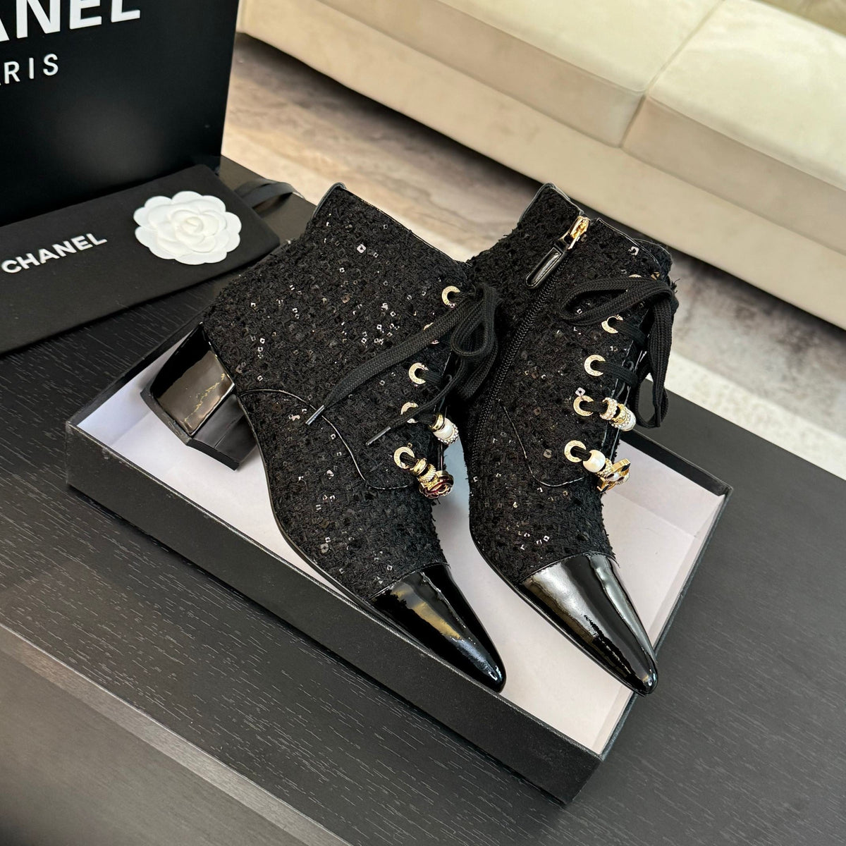 CC Ankle Boots Black Beaded Tweed Fabric And Lambskin