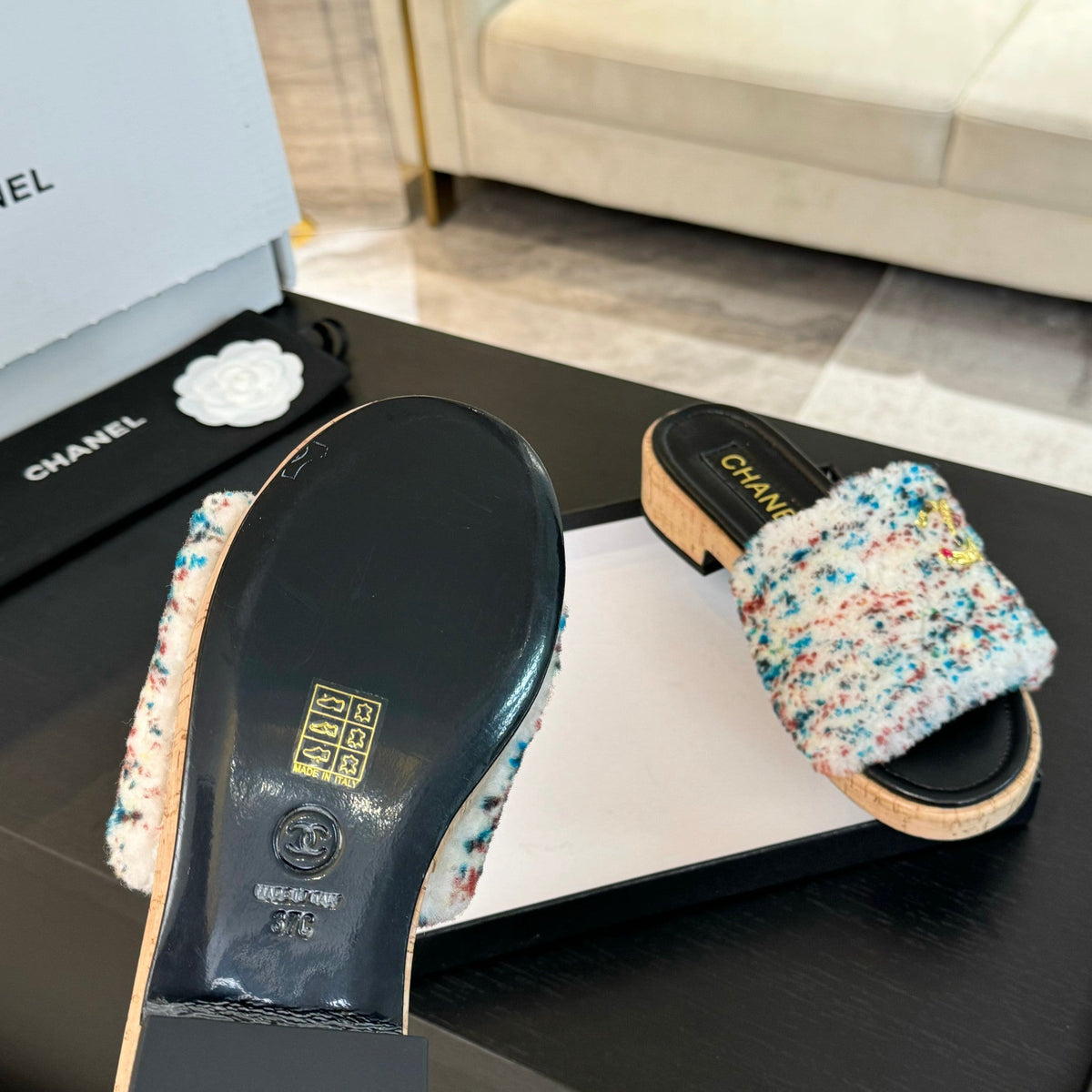 CC Slippers White Black And Blue Red Wool And Calfskin