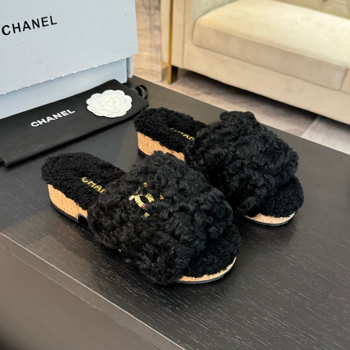CC Slippers Black Fleece Wool