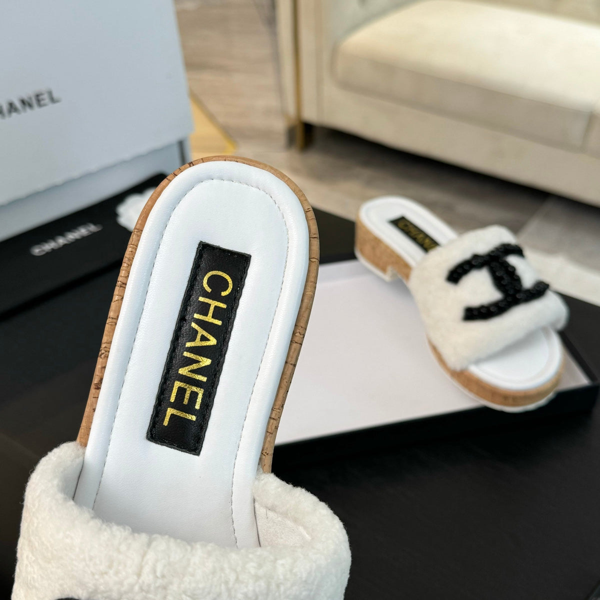 CC Slippers White Wool And Calfskin