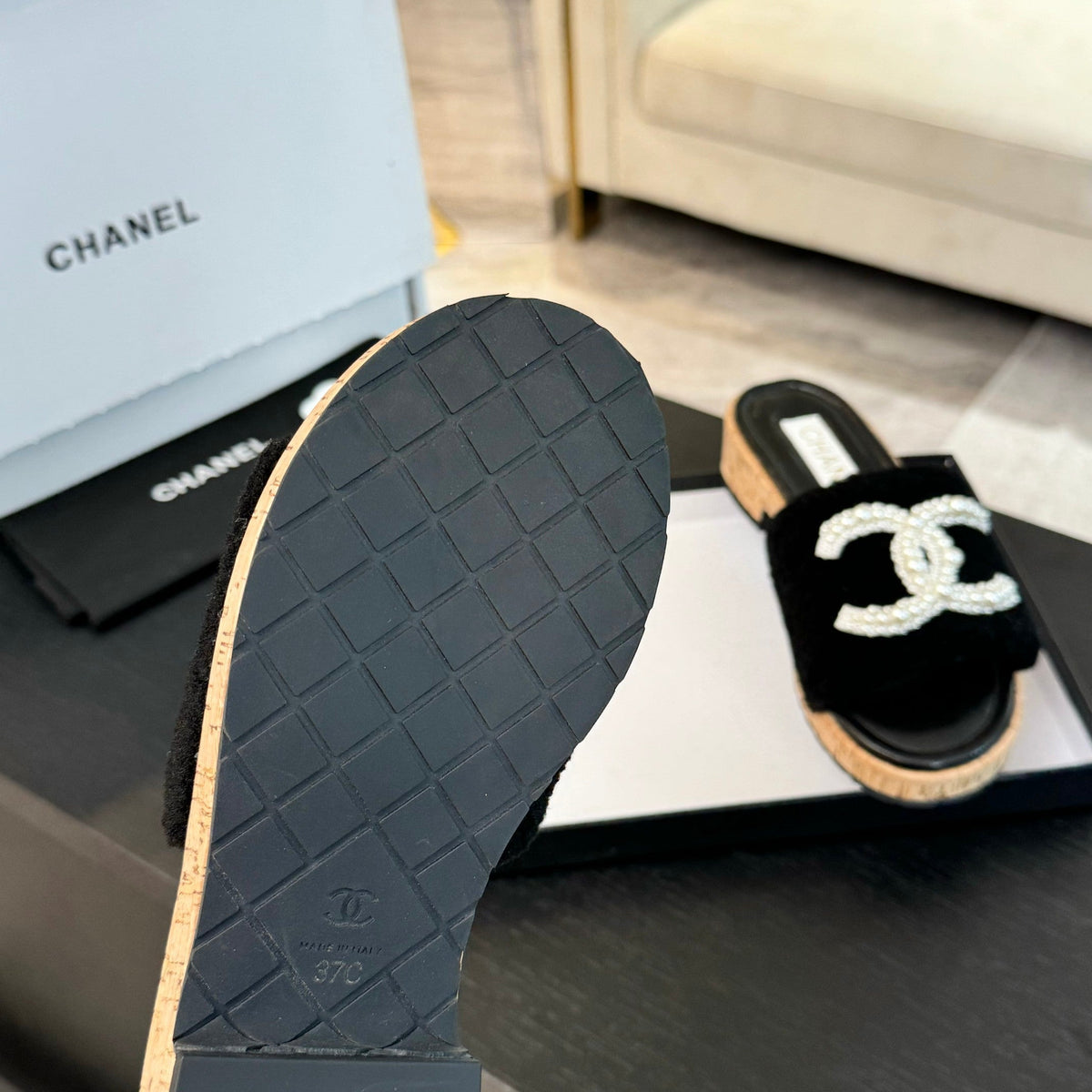 CC Slippers Black Wool And Calfskin