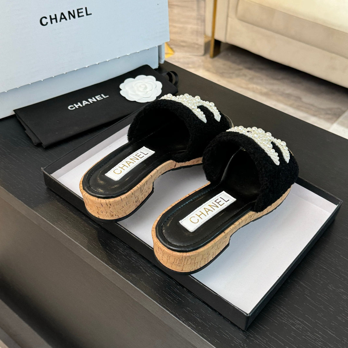 CC Slippers Black Wool And Calfskin