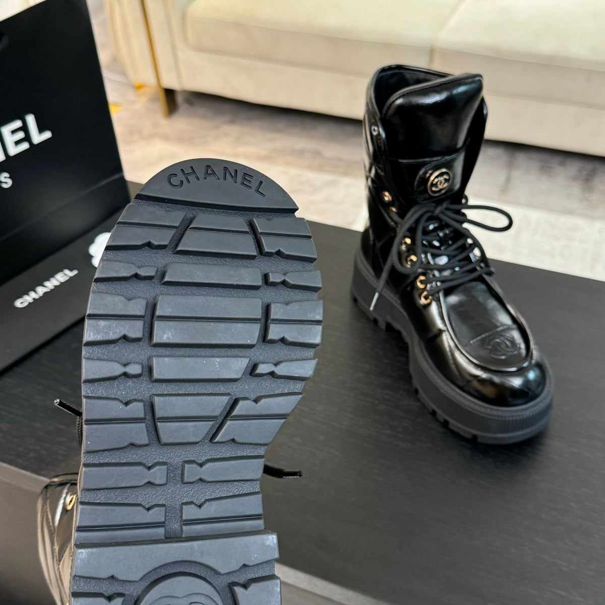 CC Short Boots Glossy Black Quilted Cowhide