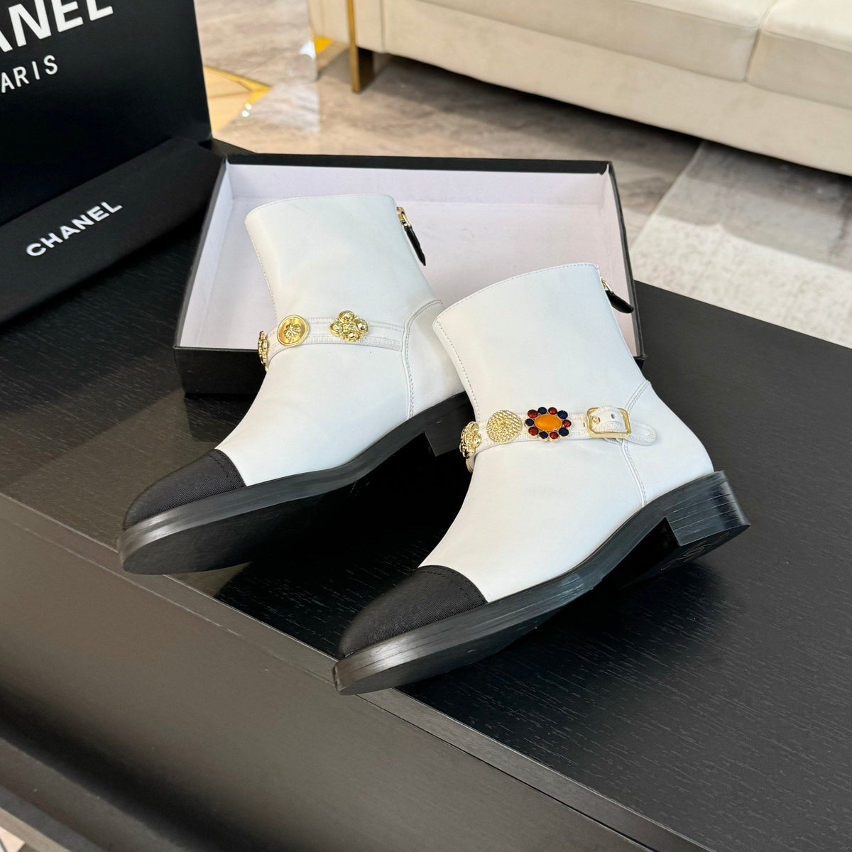 CC Short boots White Cowhide Mix Fabric Denim