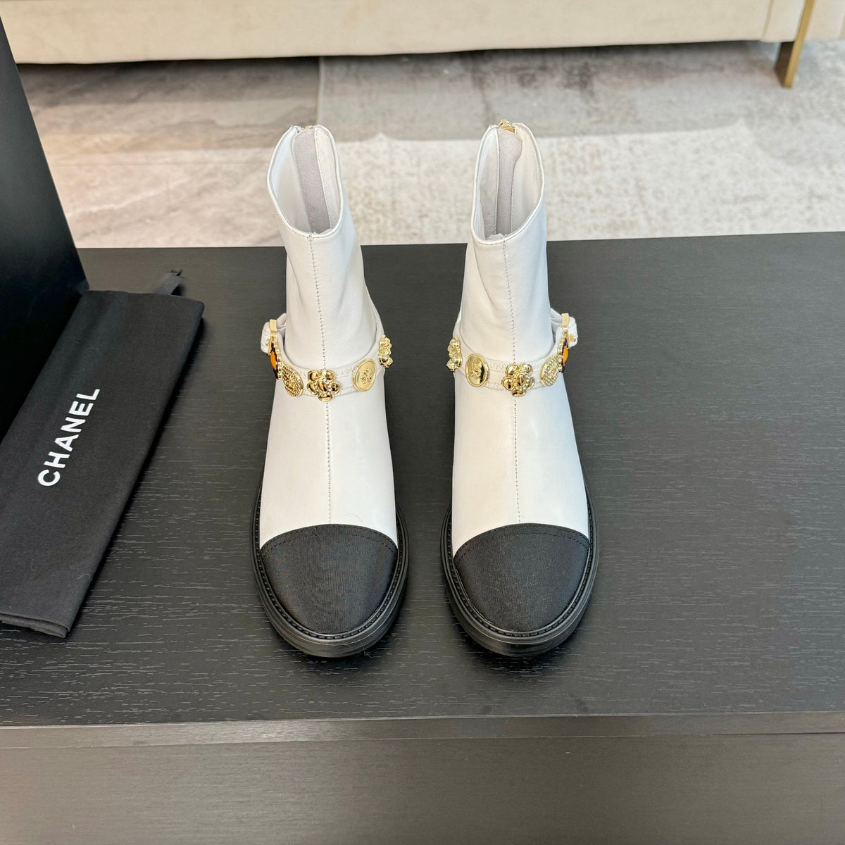 CC Short boots White Cowhide Mix Fabric Denim