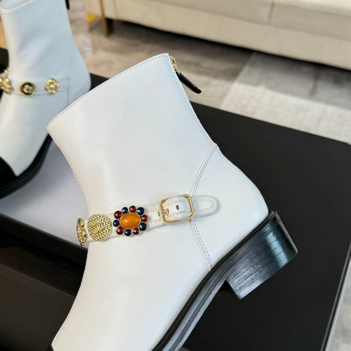 CC Short boots White Cowhide Mix Fabric Denim