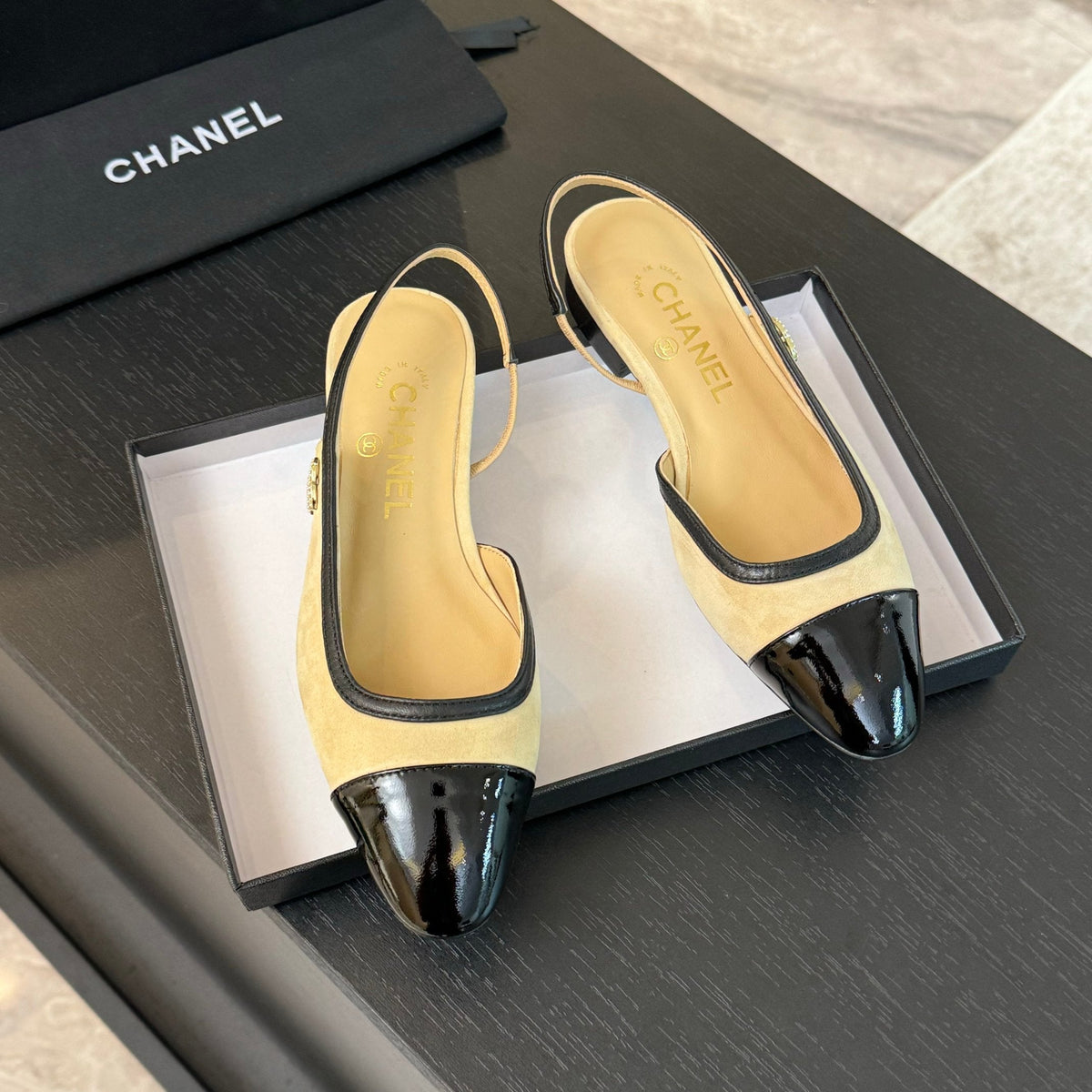 CC Slingback Black Beige Suede
