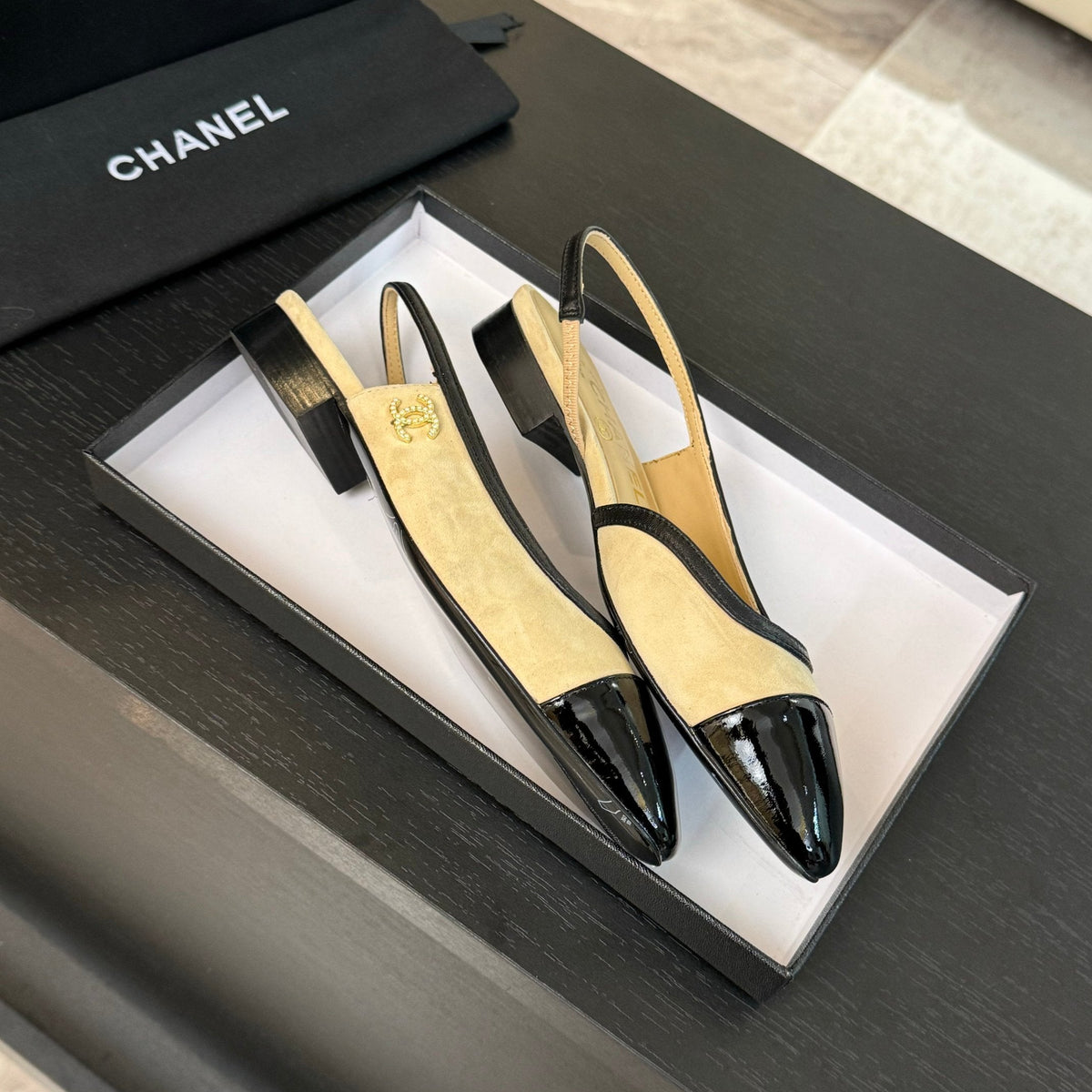 CC Slingback Black Beige Suede