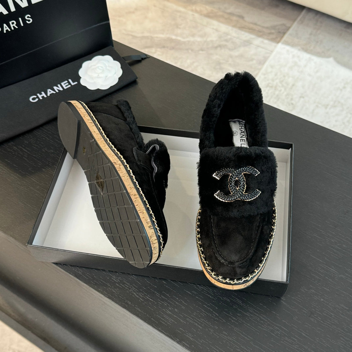 CC Moccasins Black Suede And Fleece