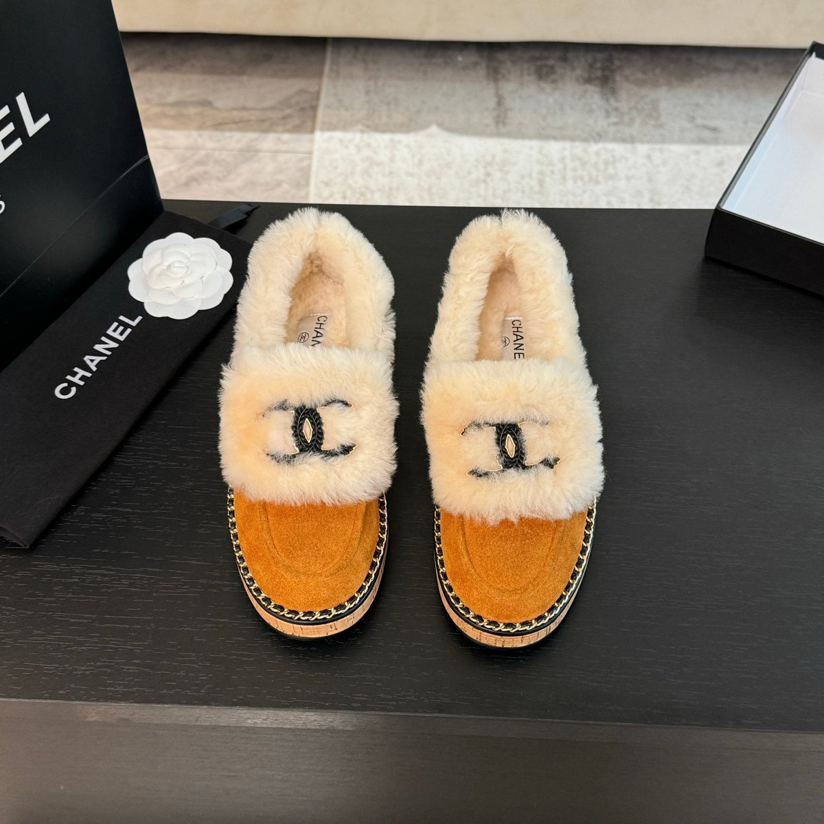 CC Moccasins Yellow Orange Suede And Fleece