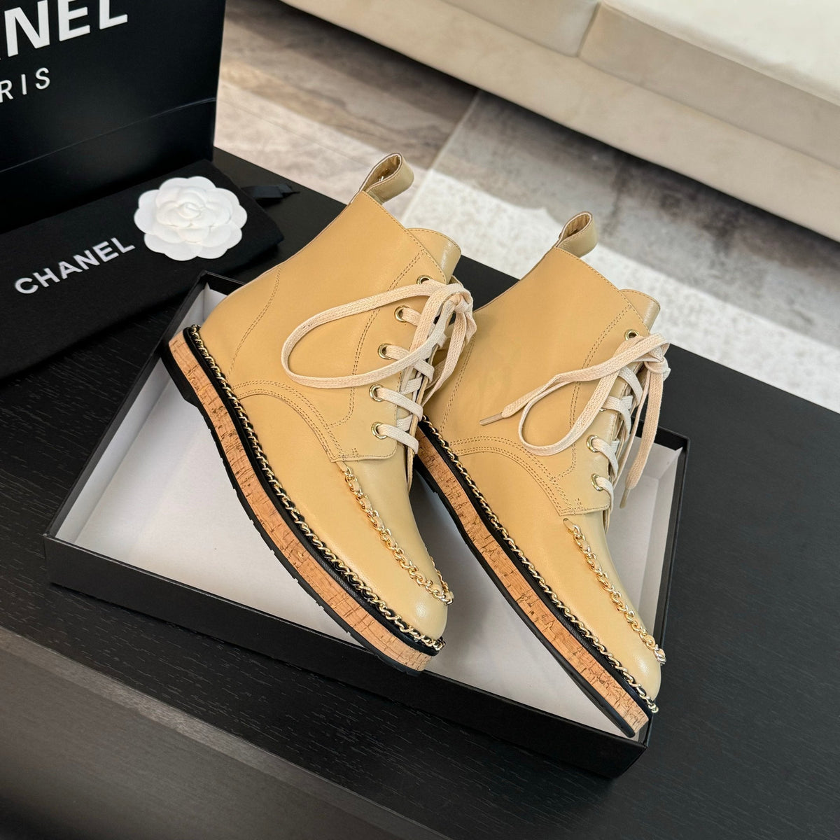 CC Ankle Boots Beige With Chain Calfskin
