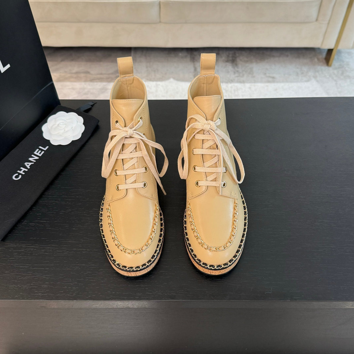 CC Ankle Boots Beige With Chain Calfskin