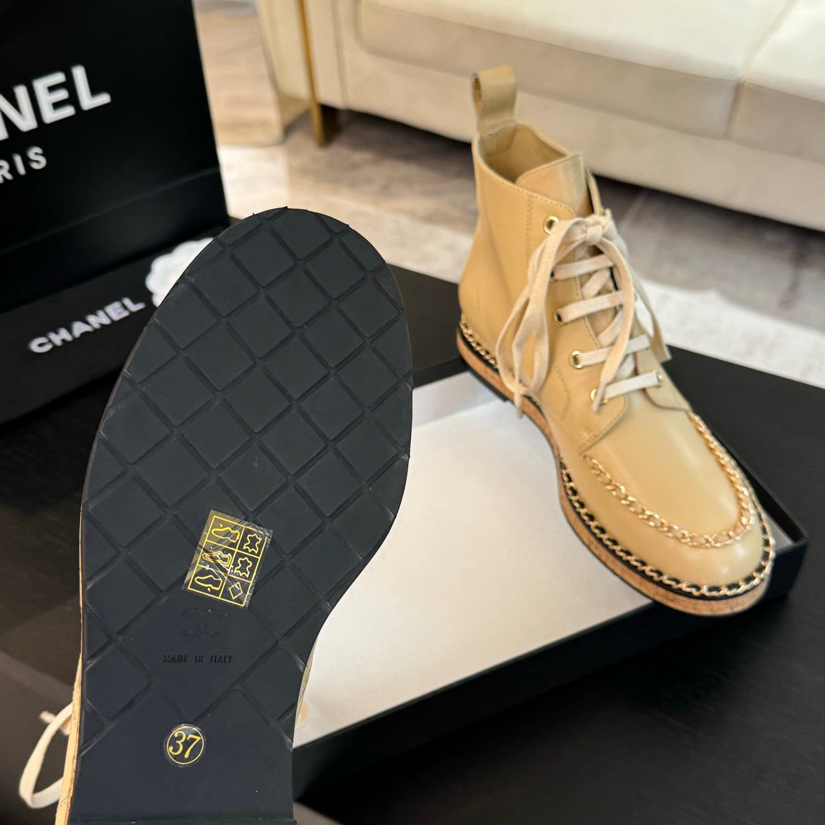 CC Ankle Boots Beige With Chain Calfskin