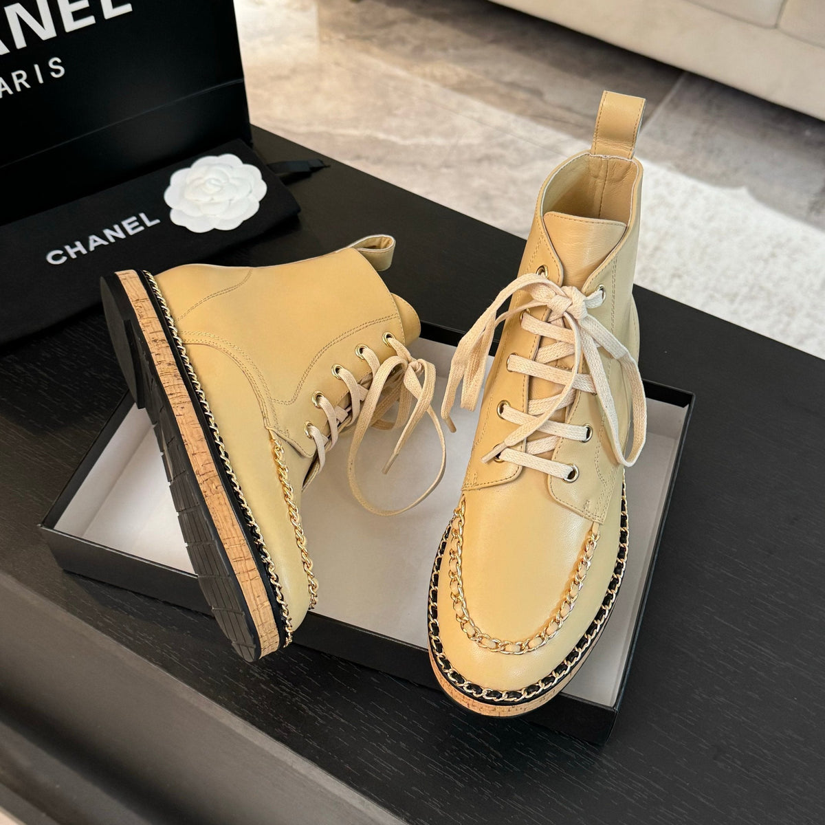 CC Ankle Boots Beige With Chain Calfskin