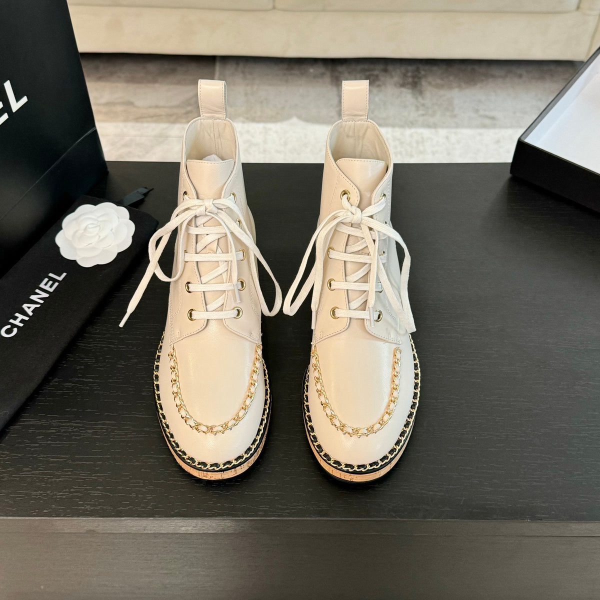 CC Ankle Boots White With Chain Calfskin