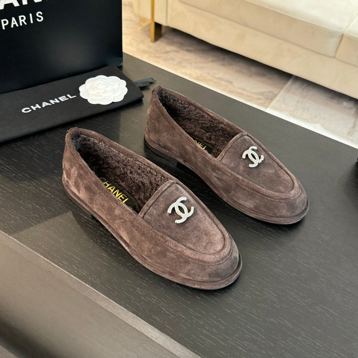 CC Moccasins Gray Brown Suede And Wool