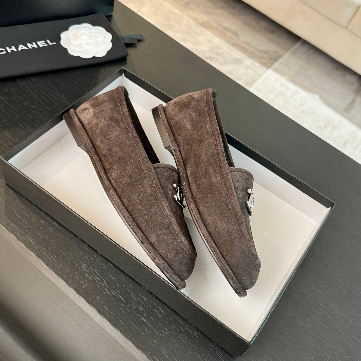 CC Moccasins Gray Brown Suede And Wool