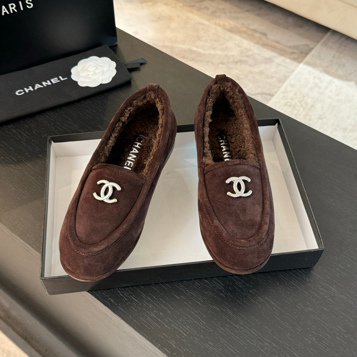 CC Moccasins Earth Brown Suede And Wool