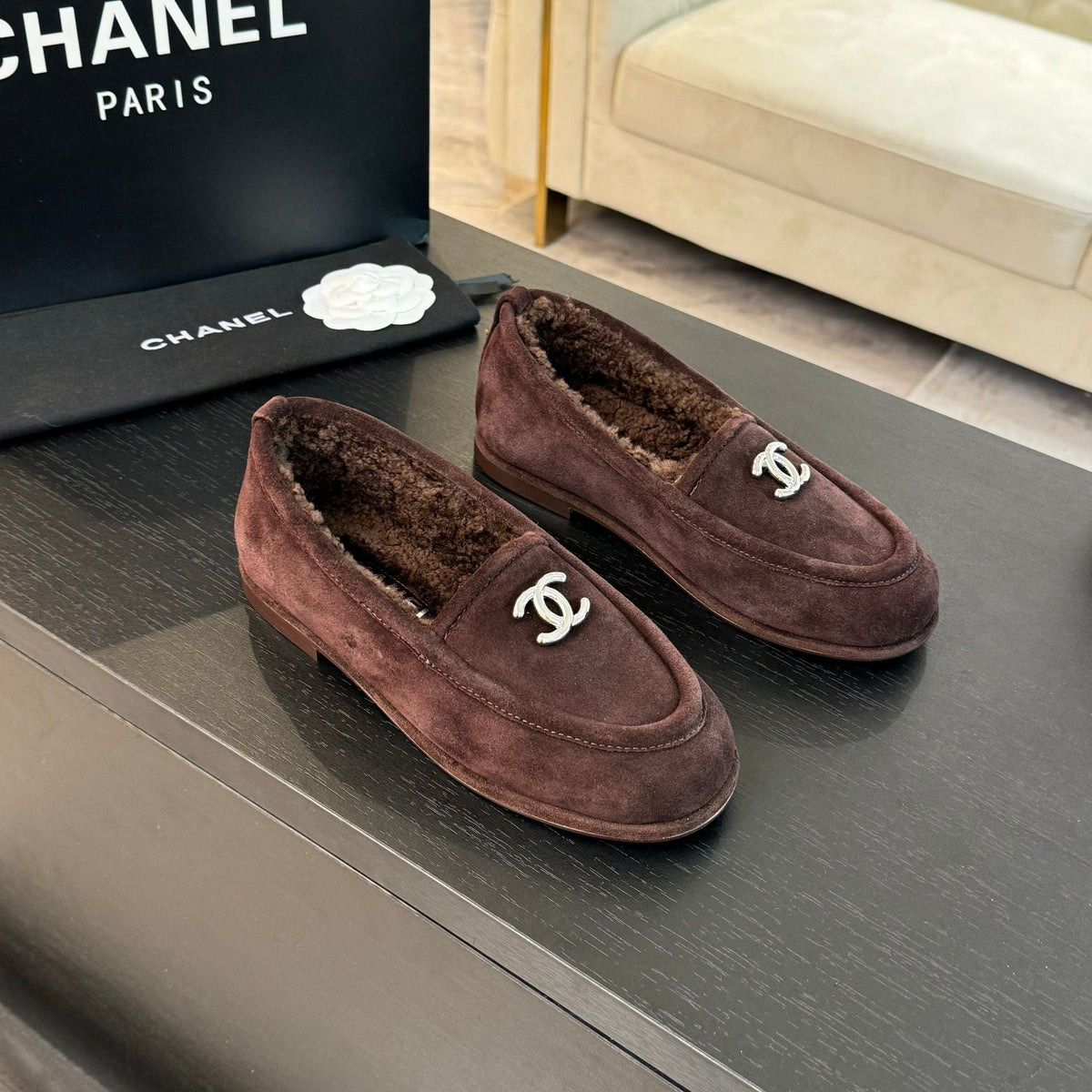 CC Moccasins Earth Brown Suede And Wool