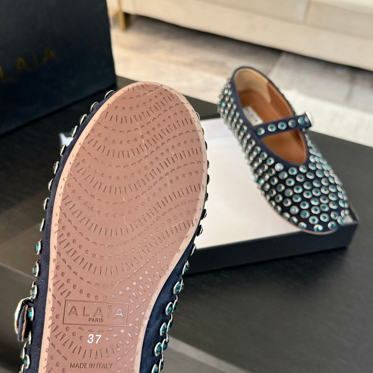 Alaia Strass Ballet Flats In Deep Blue Suede Stone 935185