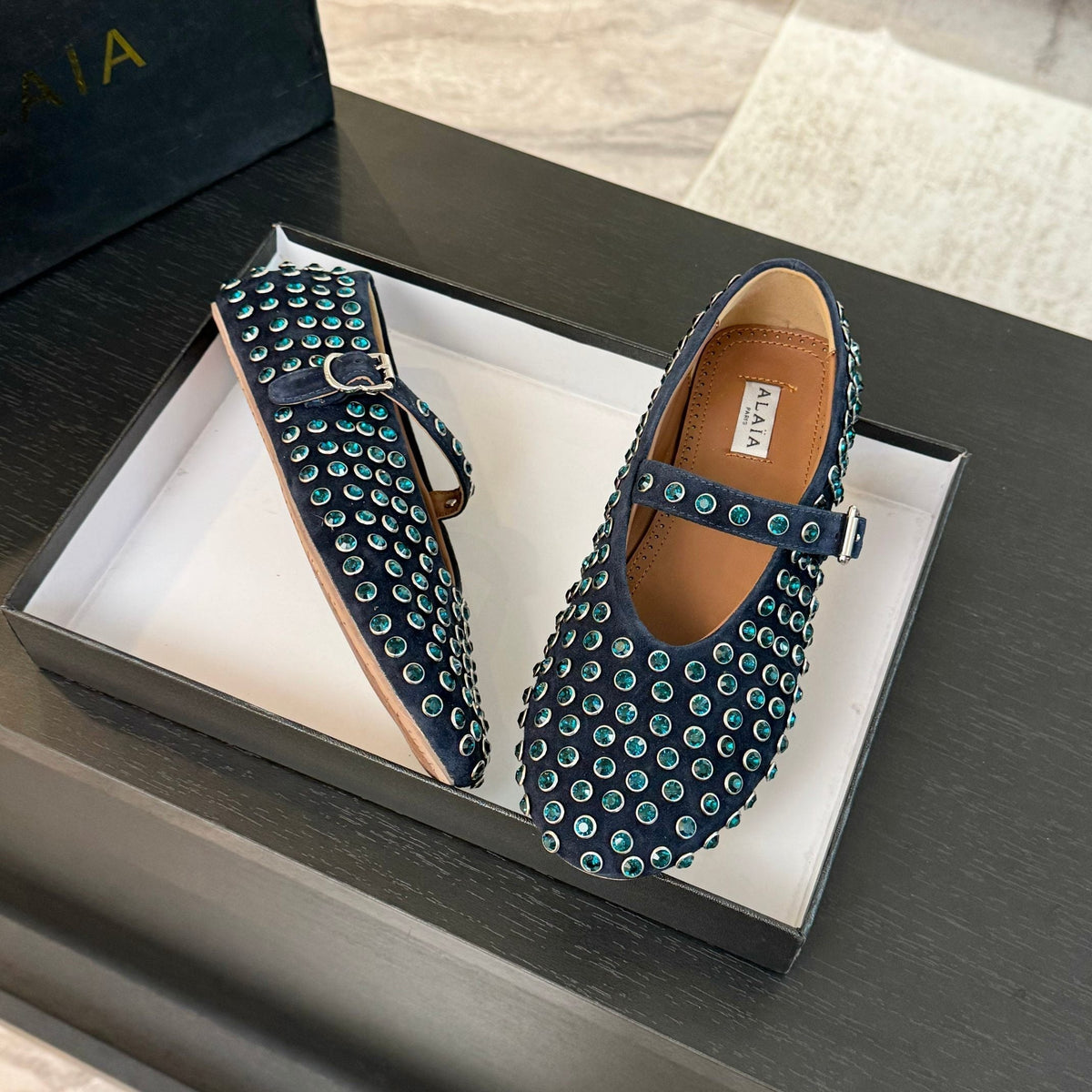 Alaia Strass Ballet Flats In Deep Blue Suede Stone 935185