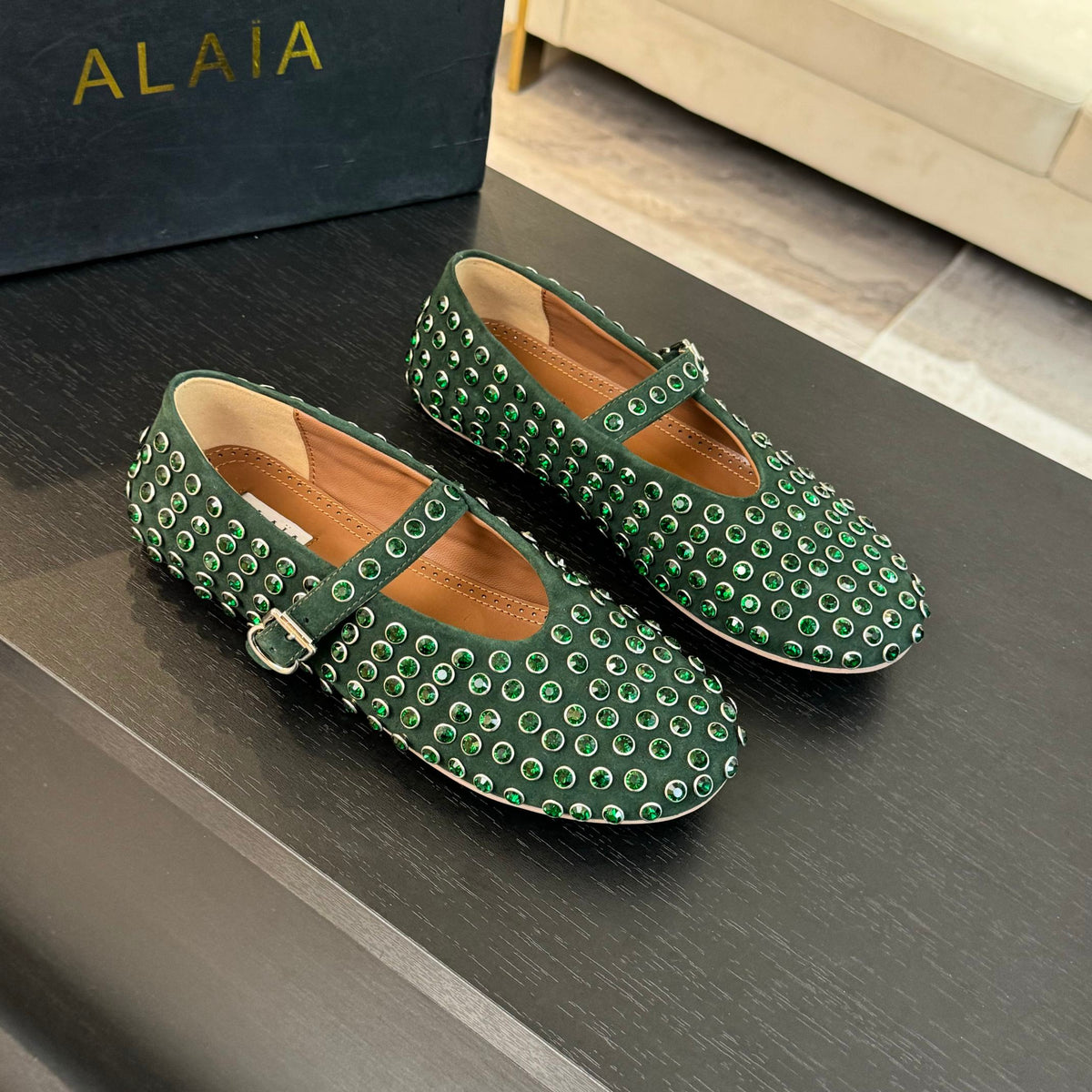 Alaia Strass Ballet Flats In Dark Green Suede Stone 935187