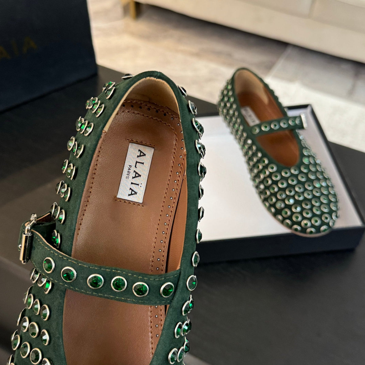 Alaia Strass Ballet Flats In Dark Green Suede Stone 935187
