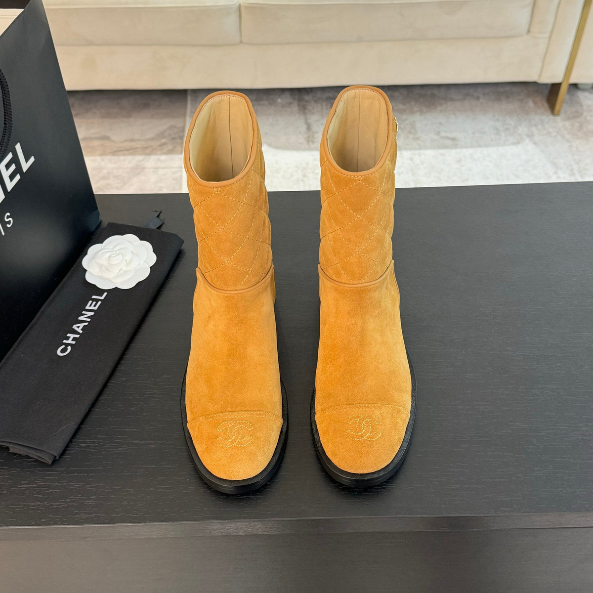 CC Ankle Boots 30mm Dark Yellow Suede Quilted