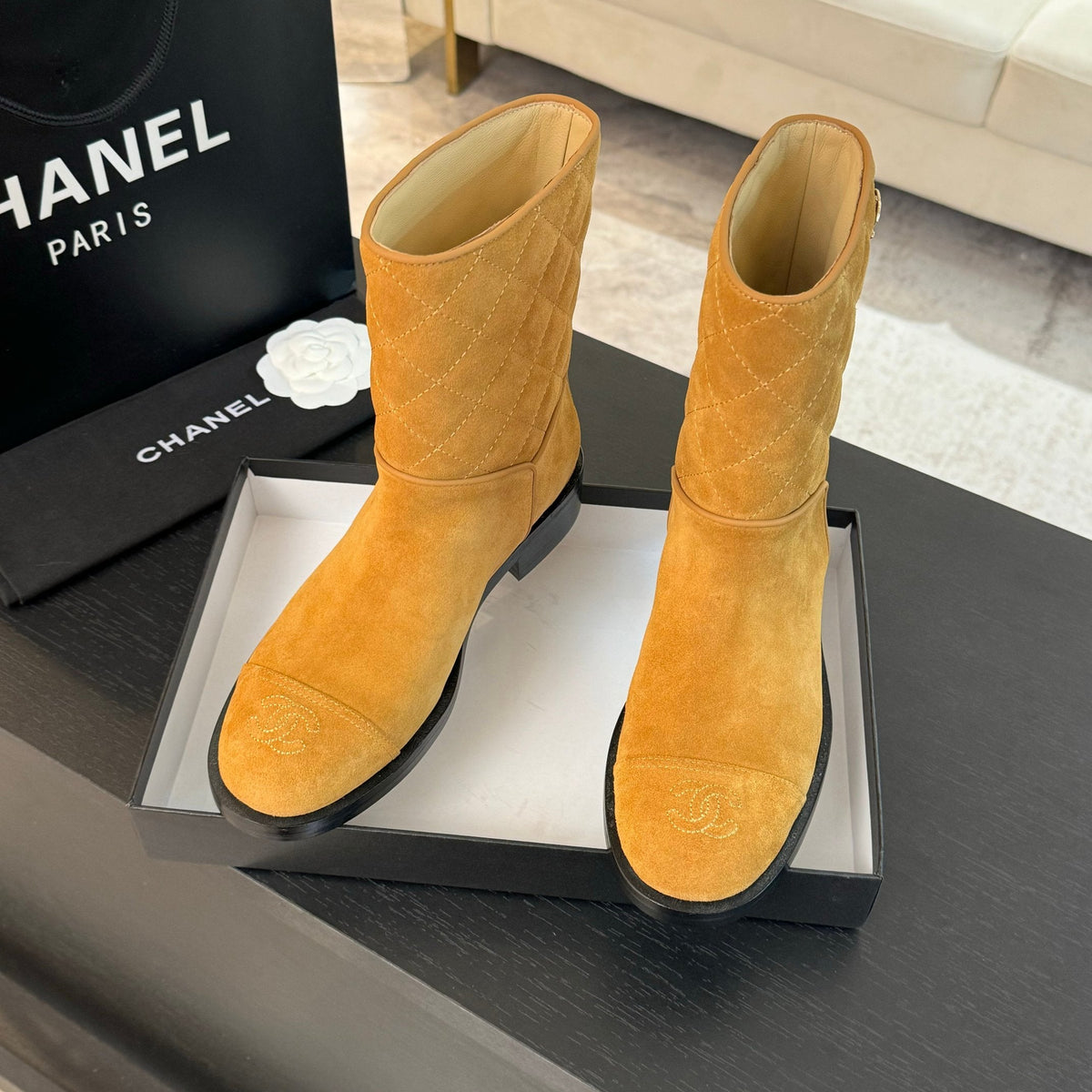 CC Ankle Boots 30mm Dark Yellow Suede Quilted
