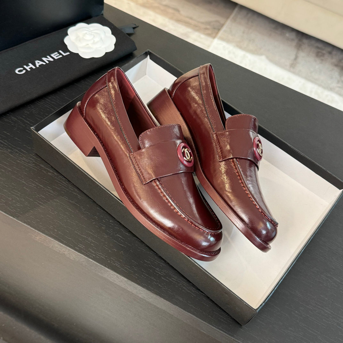 CC Moccasins Glossy Reddish Brown Cowhide