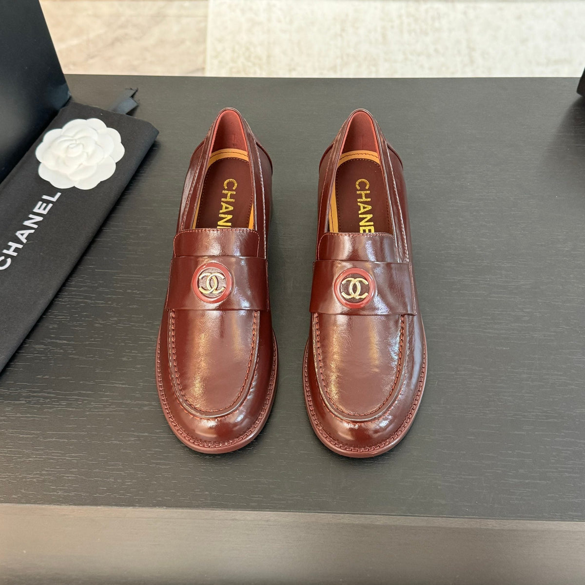 CC Moccasins Glossy Reddish Brown Cowhide