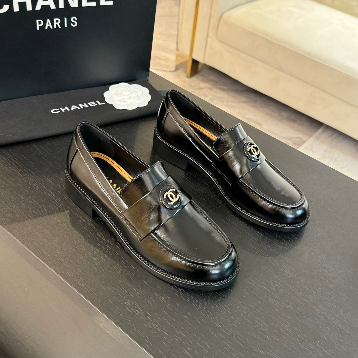 CC Moccasins Glossy Black Cowhide