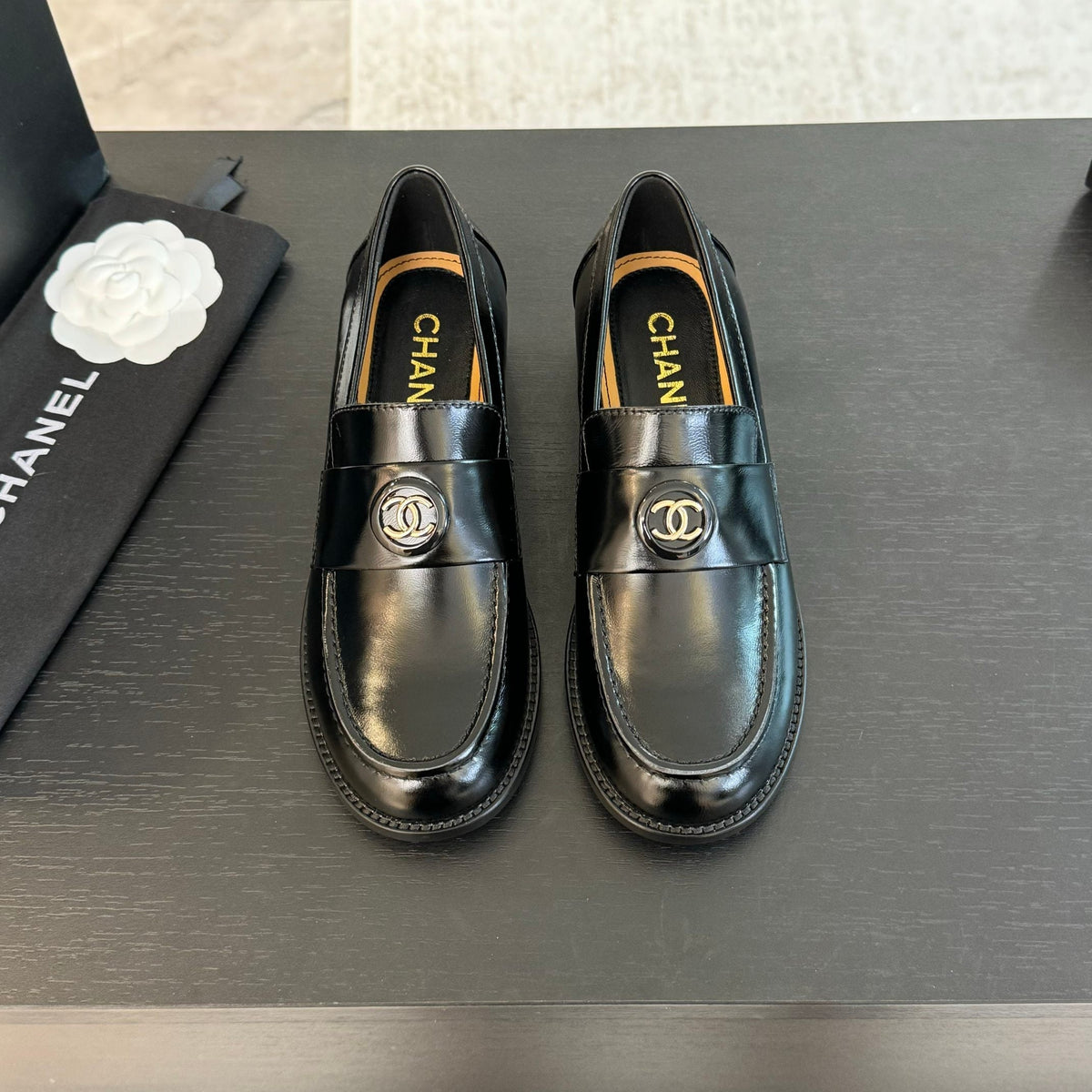 CC Moccasins Glossy Black Cowhide