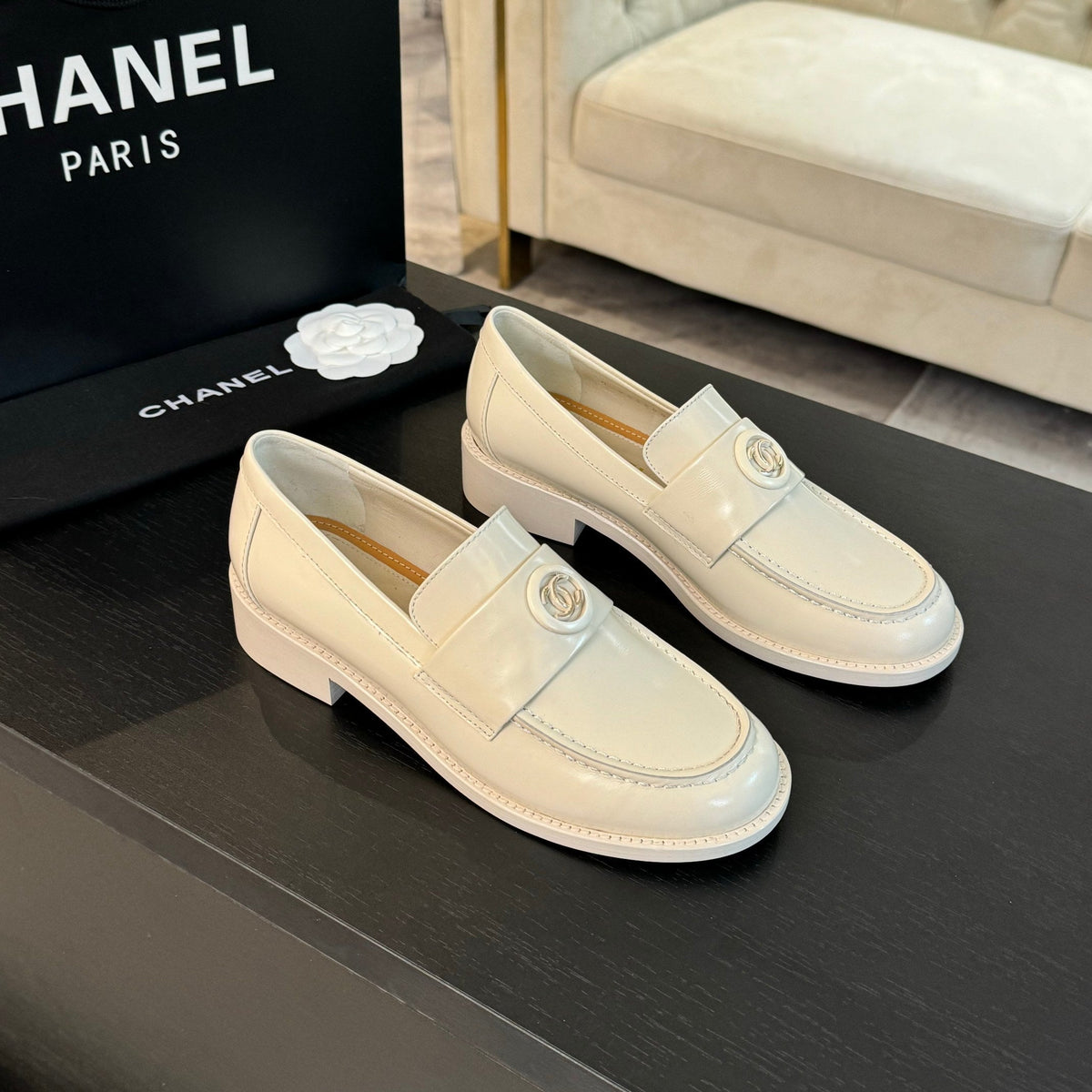 CC Moccasins Glossy White Cowhide