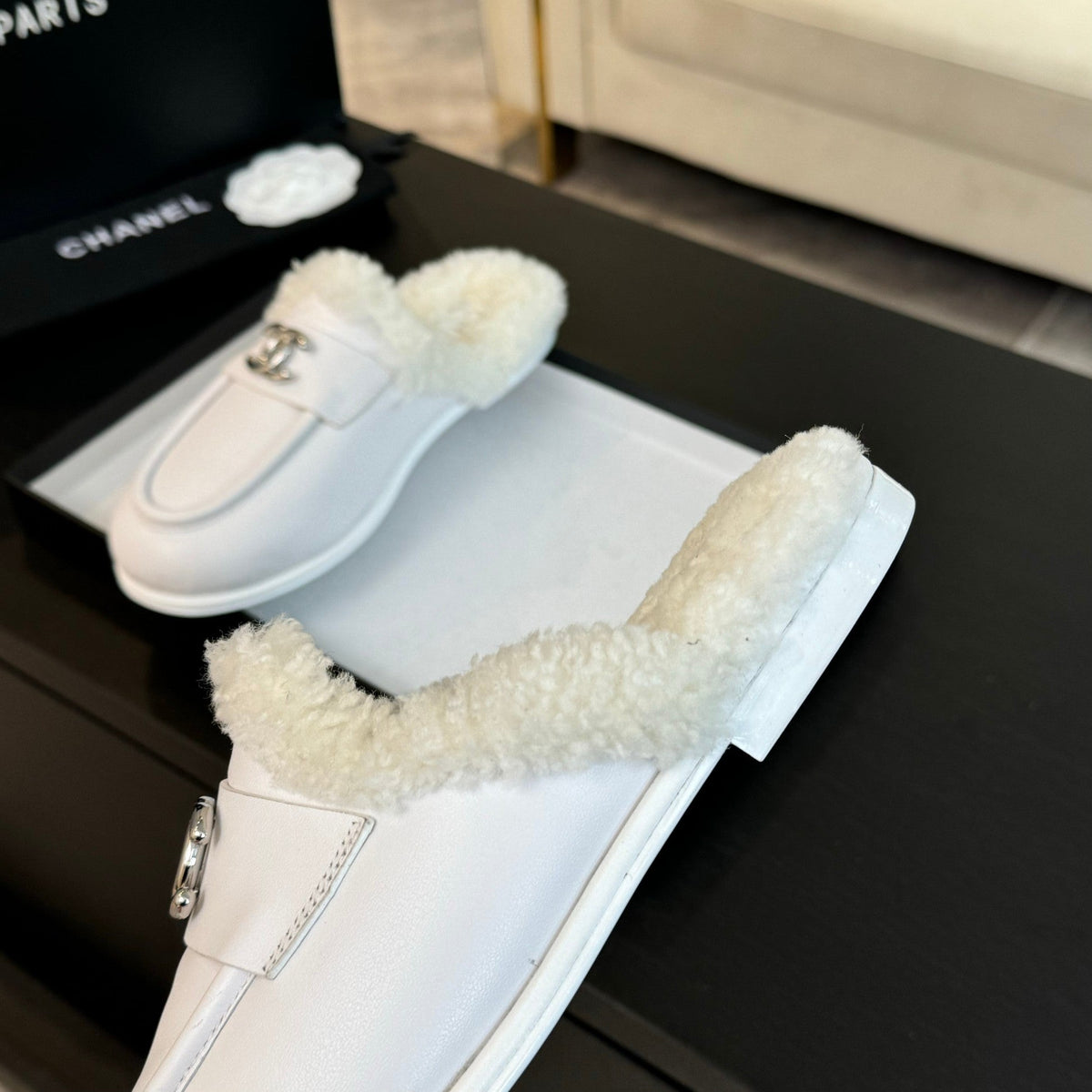 CC Mule White Calfskin Lamb Wool