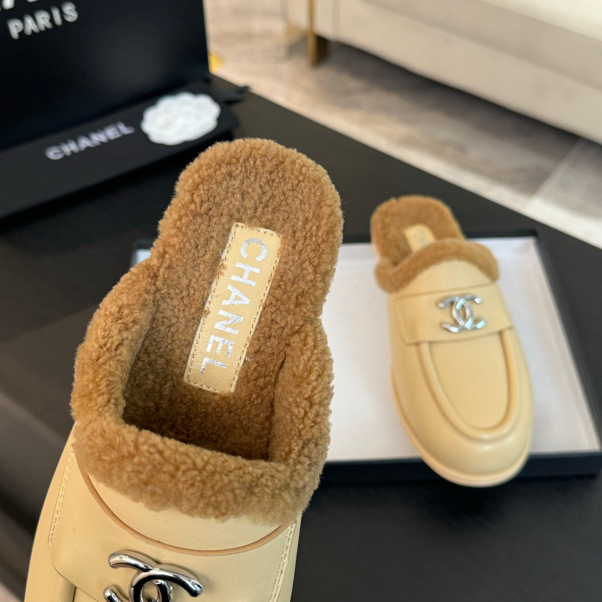 CC Mule Beige Calfskin Lamb Wool